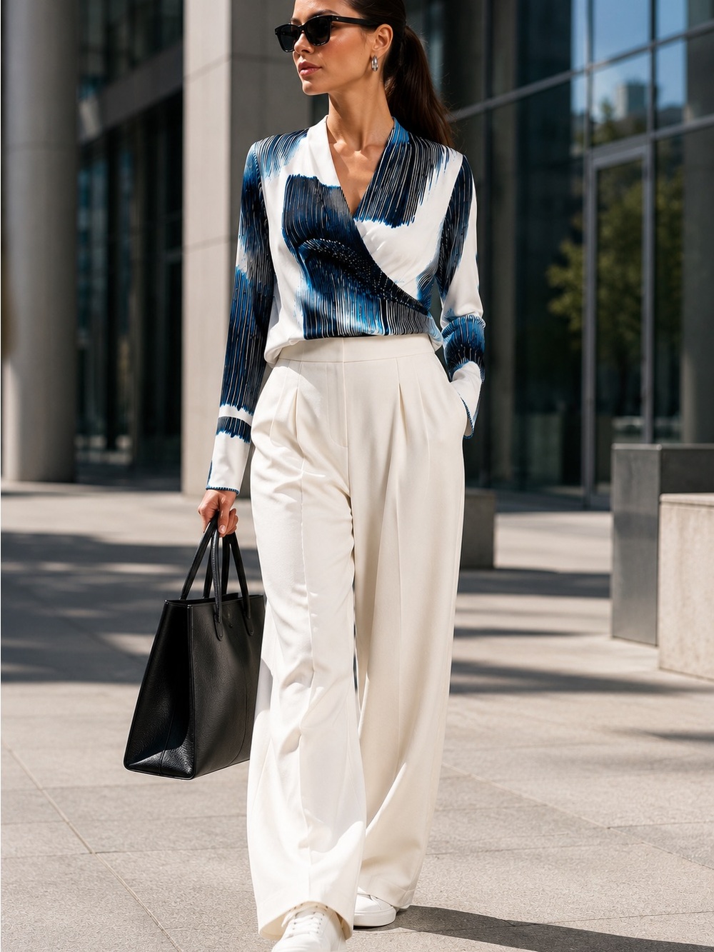 Dkny Designer Blue & White Wrap-Style V-Neck Blouse Elegant Office Luxe - Picture 13 of 14